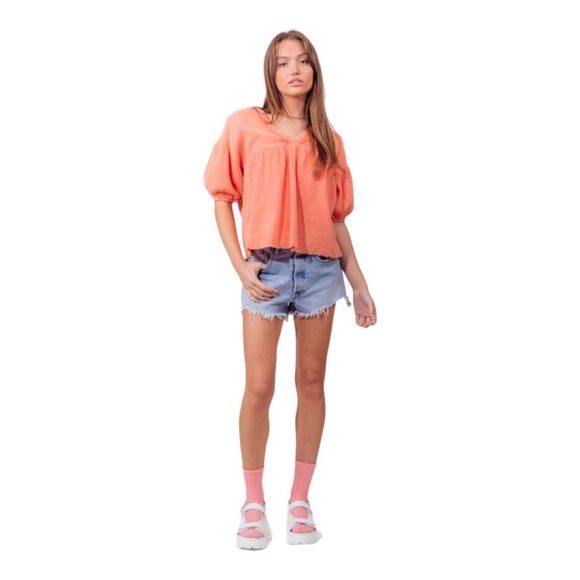 Coral Double Gauze Gathered V Neck Washed Babydoll Top - Picture 2 of 5